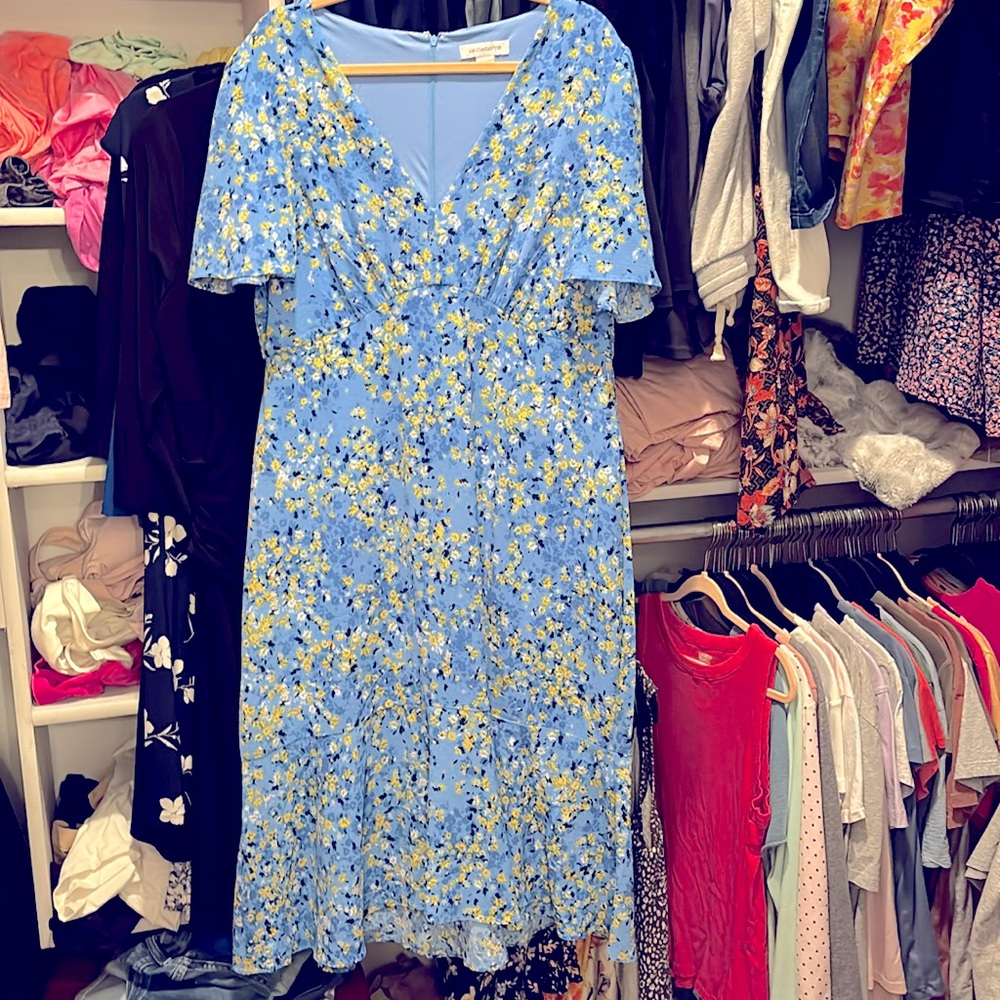 Never worn Liz Claiborne blue floral dress. Zip back closure. Ruffle bottom.